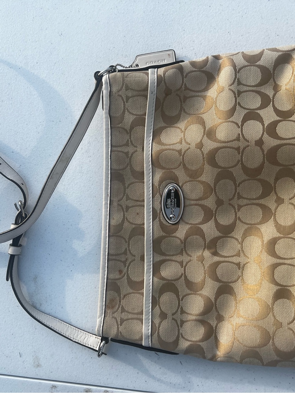 Coach Beige Signature Shoulder Bag with Cream Trim
